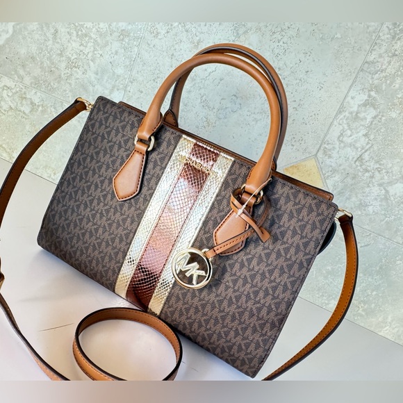 Michael Kors Sheila Mefium Satchel Shoulder Bag MK Center Stripe Brown Multi - Picture 13 of 13